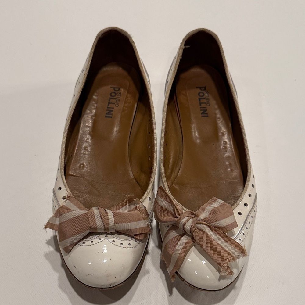 Studio Pollini Women's White and Brown Bow Flats